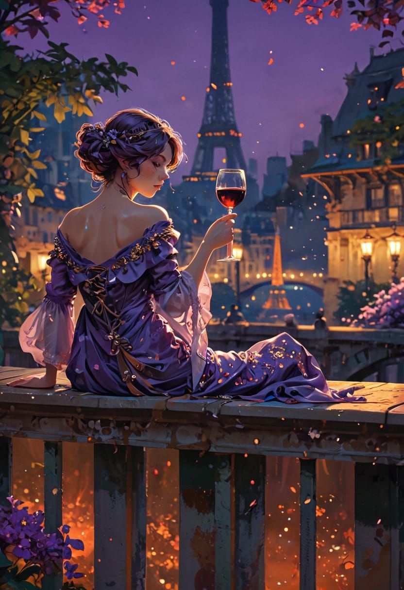 Surreal Eiffel Tower Landscape with Young Girl in Anime Styl...