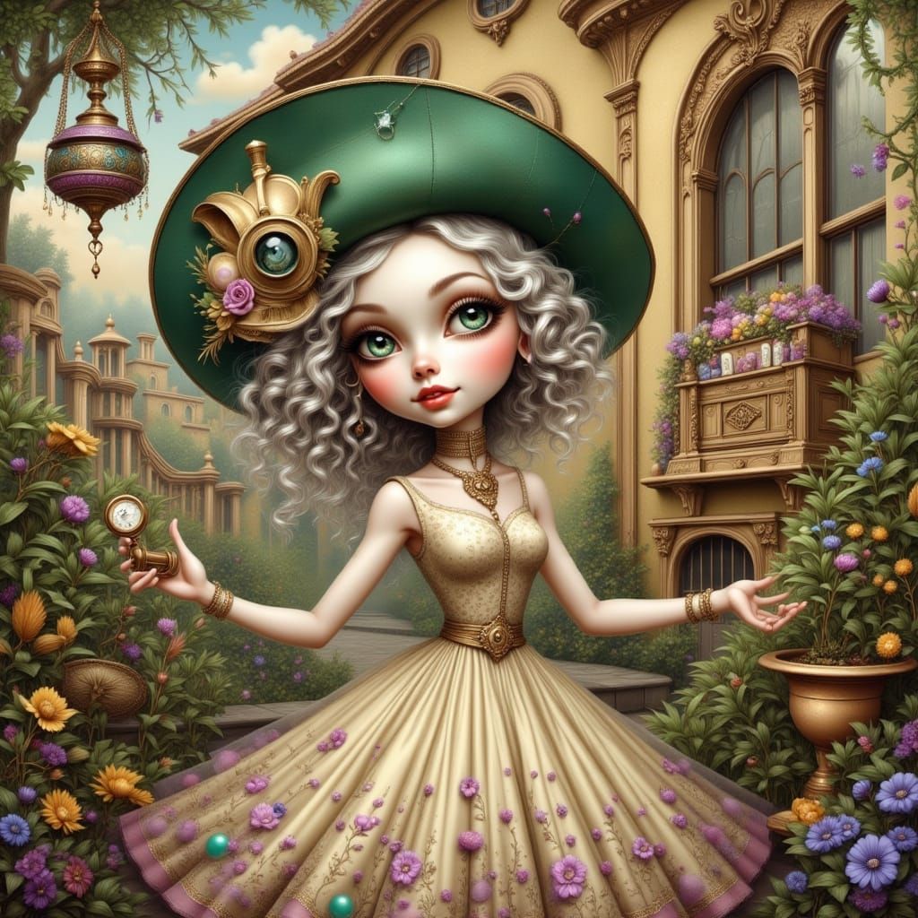 Smiling Woman Dancing in Burton-esque Surreal Scene