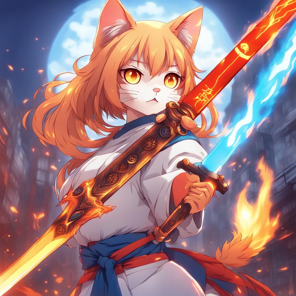 Anime Cat Warrior with Flaming Sword