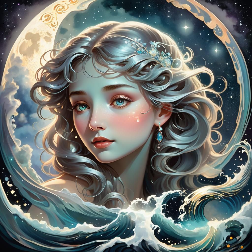 Glowing Moon Face in Dark Romantic Celestial Illustration