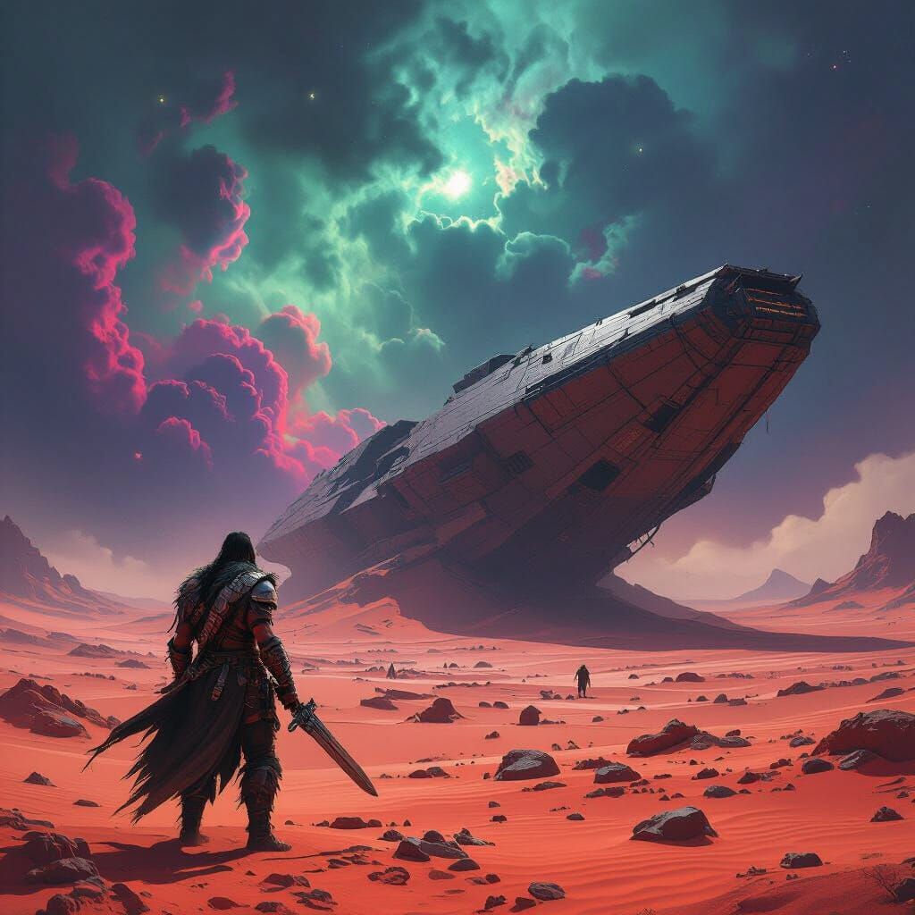 Barbarian Warrior on Alien Planet with Derelict Spaceship