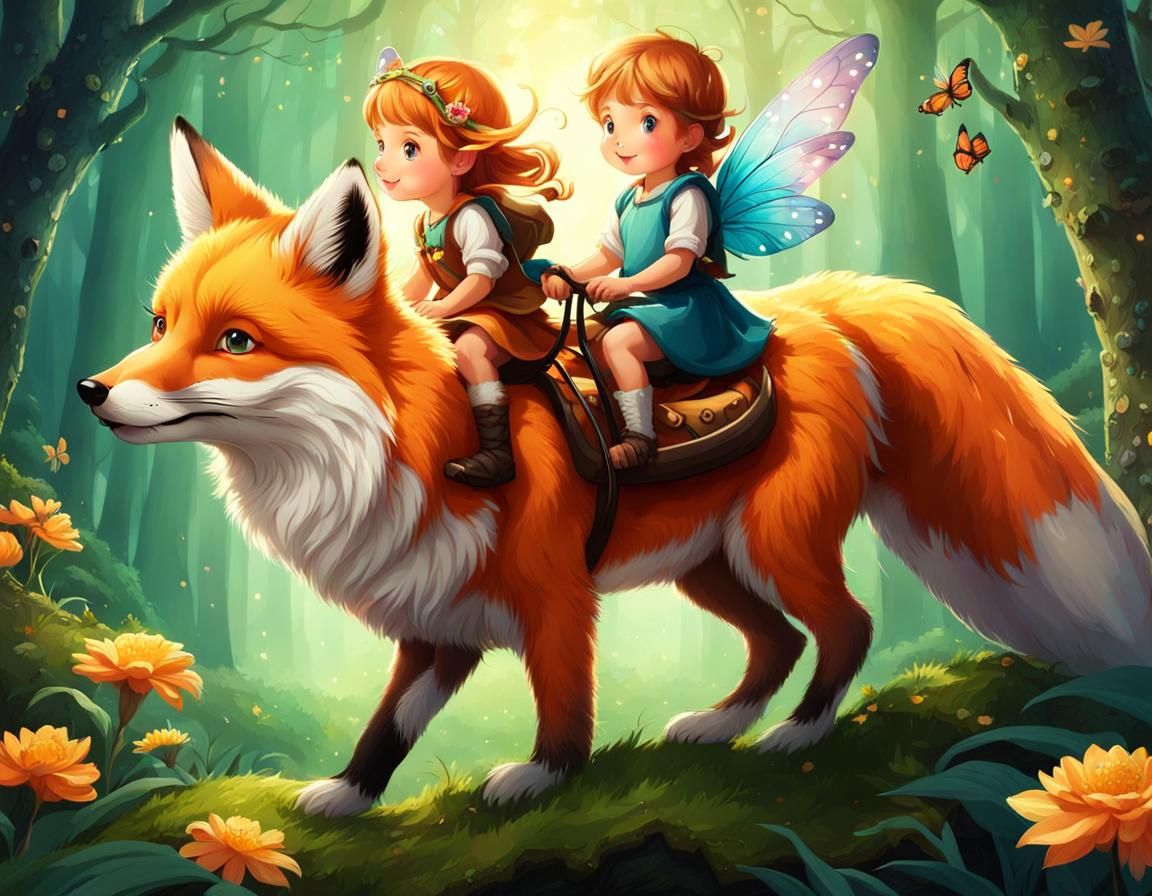 Fairies Guiding a Fox Through Enchanted Forest
