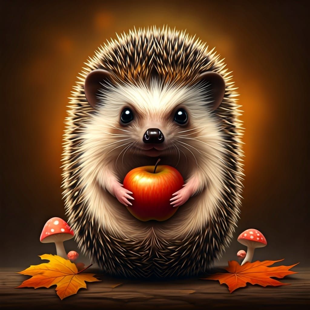 Charming Hedgehog Portrait with Apple and Autumn Leaves