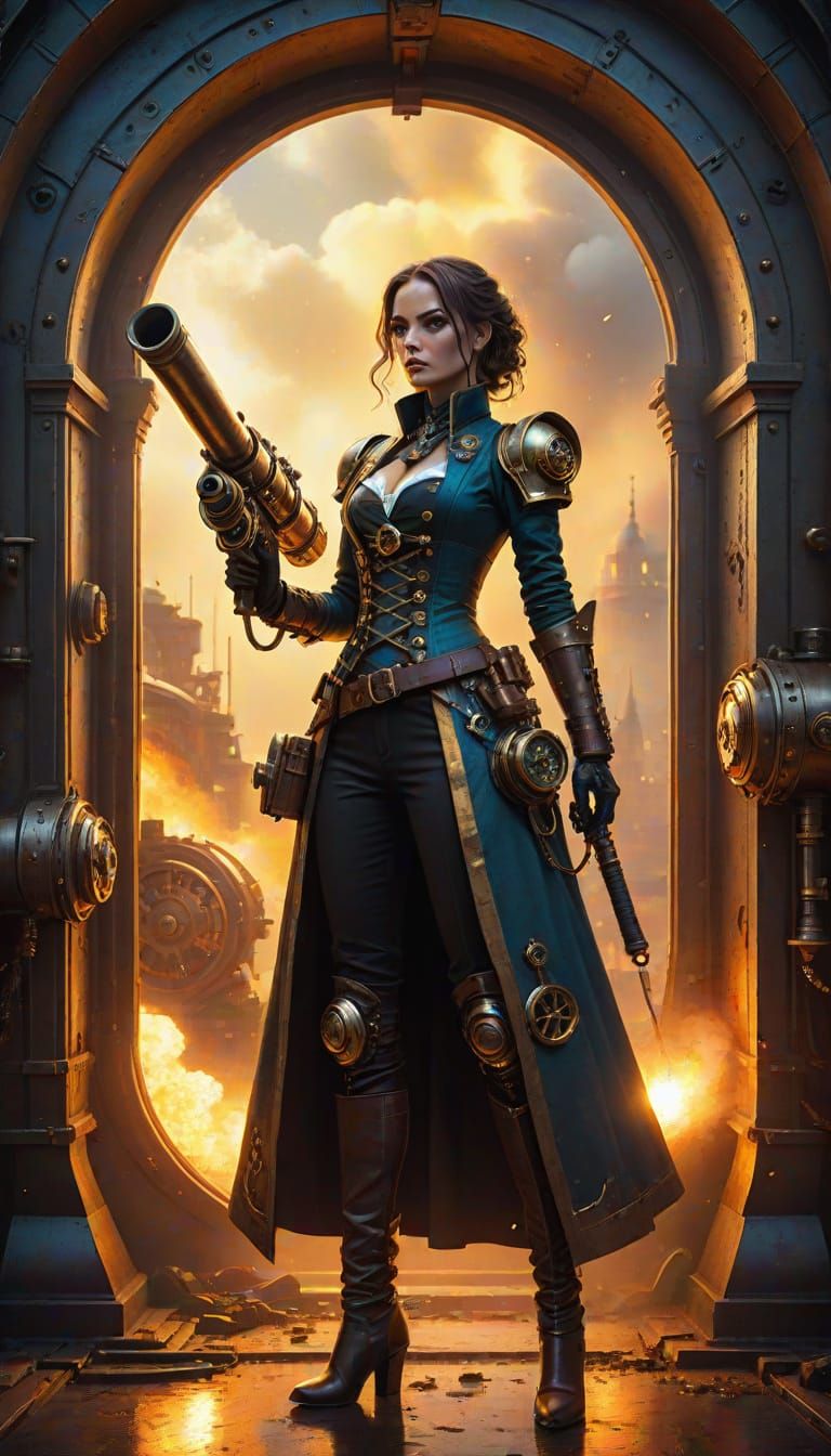 Steampunk Heroine with Steam Cannon in Metallic Chamber