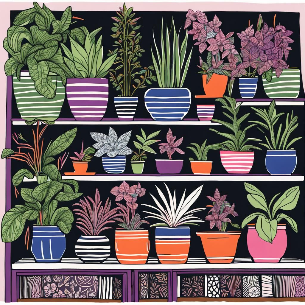 Linoprint of Magical Houseplants on Shelves