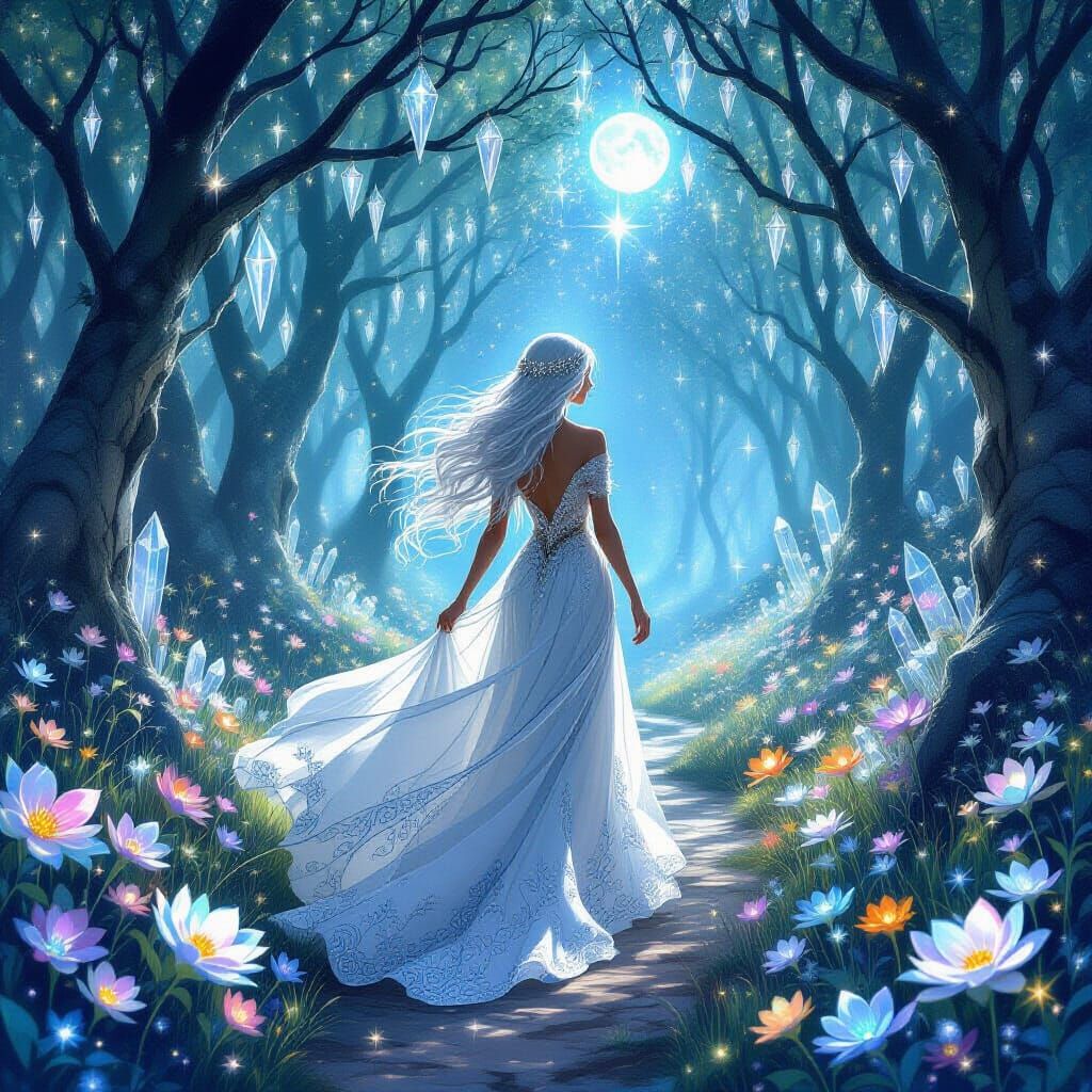 Woman in Crystal Forest Under Starry Sky