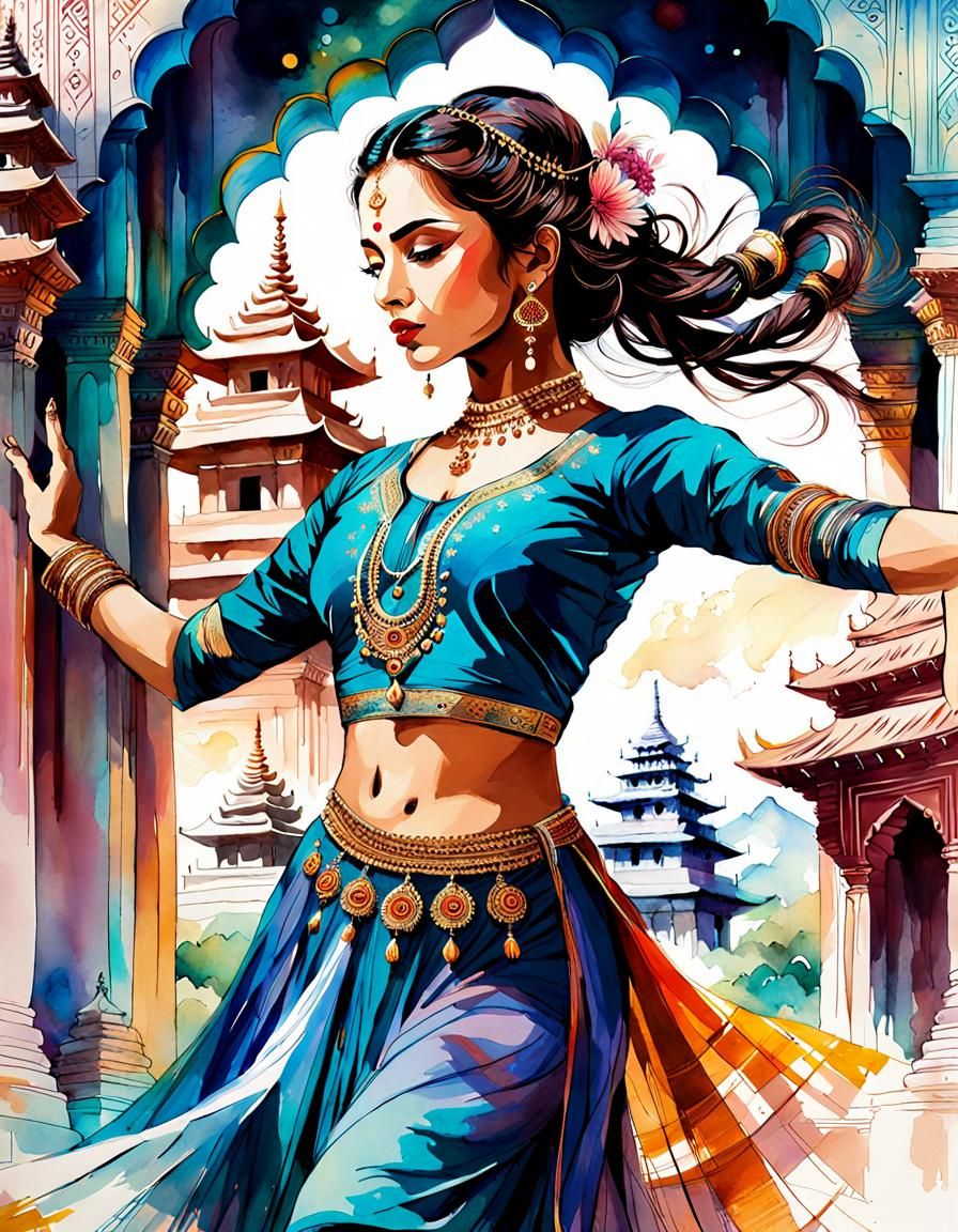 Ancient Carnatic Kathak Dancer in Watercolor Style