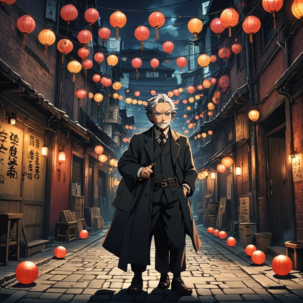 Anime-Style Old Man in Dimly Lit Alley