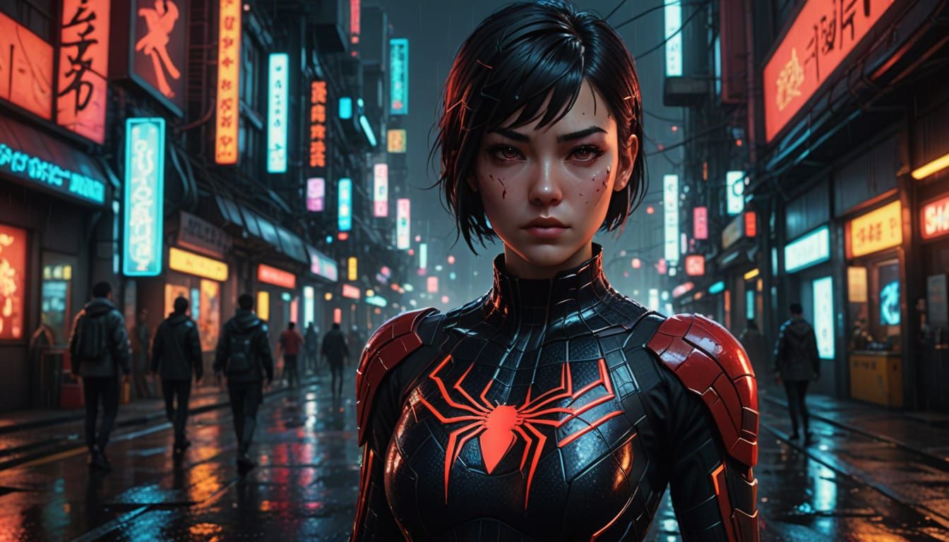 Cyberpunk Woman in Spiderman Suit - Realistic Anime Style