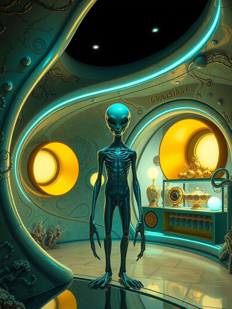 Alien Gas Station Interior with Iridescent Being