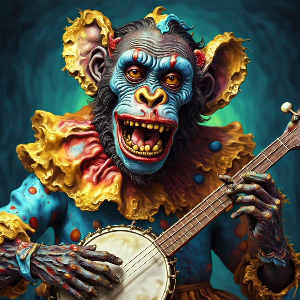 Surreal Zombie Monkey Clown Plays Banjo, Dali Style