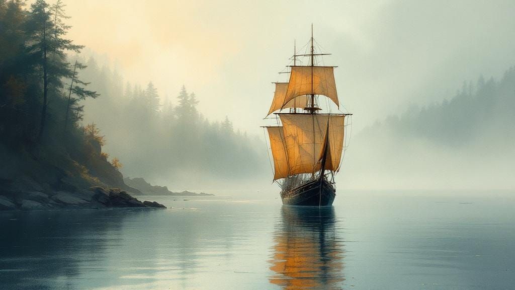 Sailing Ship in Morning Mist: Rackham and Schiele Style