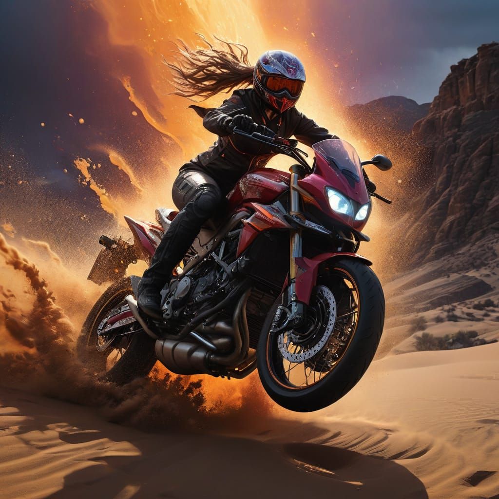 Cyberpunk Rider Speeds Through Fiery Desert Canyon