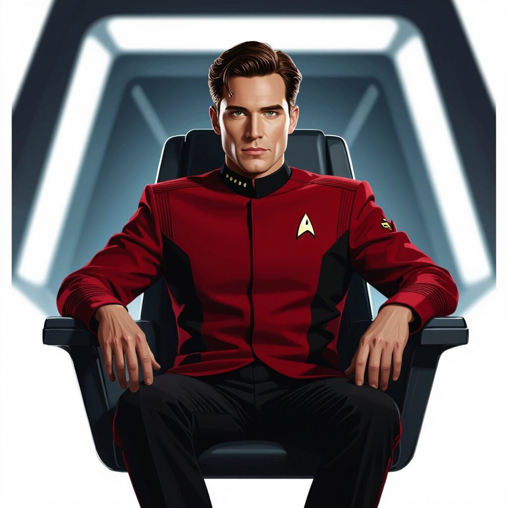 Starfleet Captain in Red Uniform at the Helm