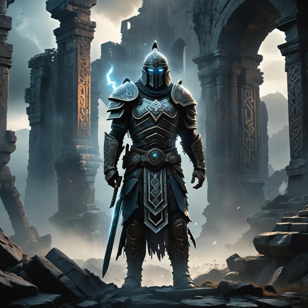 Mystical Warrior in Ancient Cosmic Landscape