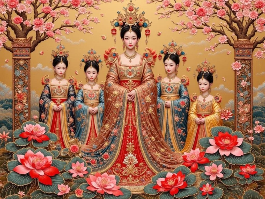 Chinese Empress and Daughters in Elaborate Silk Apartments