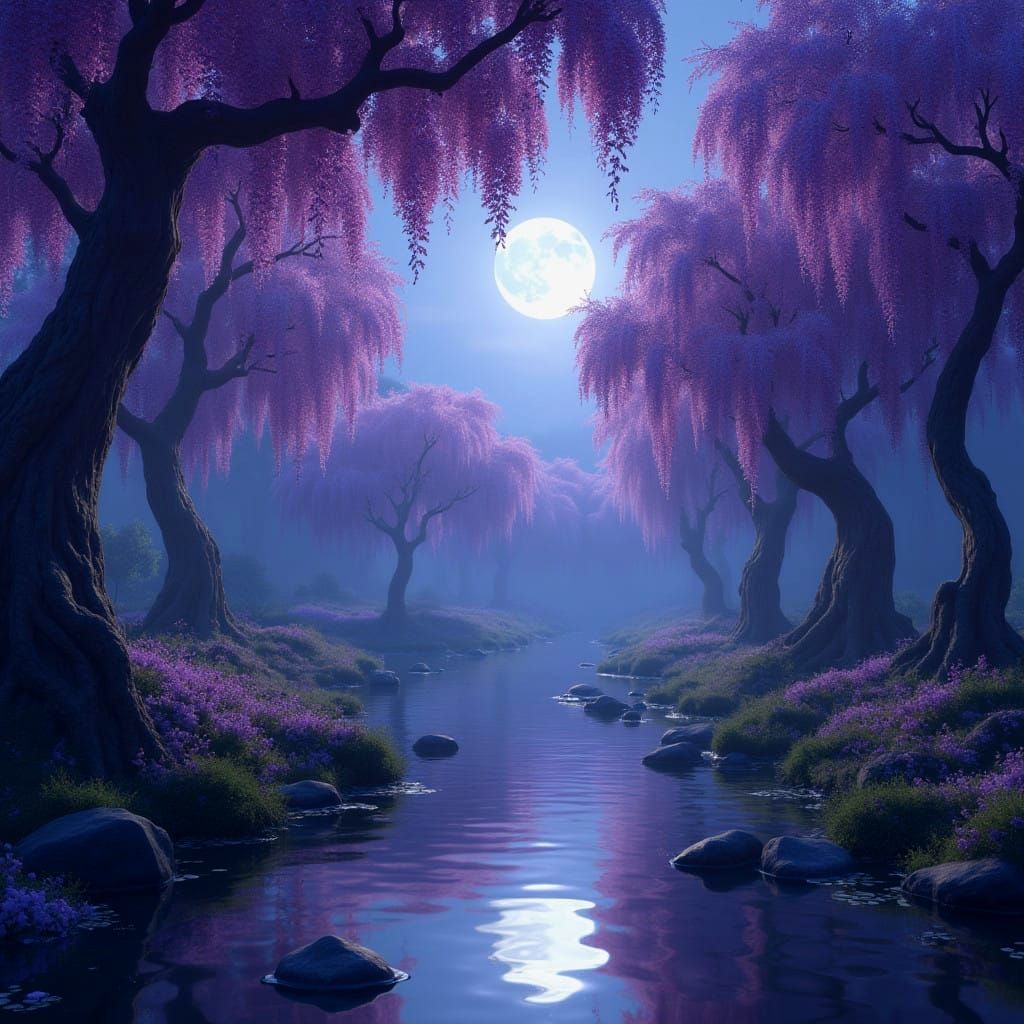 Whispers in Pale Moonlight: A Fantastical Wisteria Scene