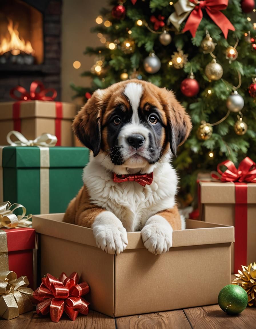 Whimsical St. Bernard Puppy in Christmas Gift Box