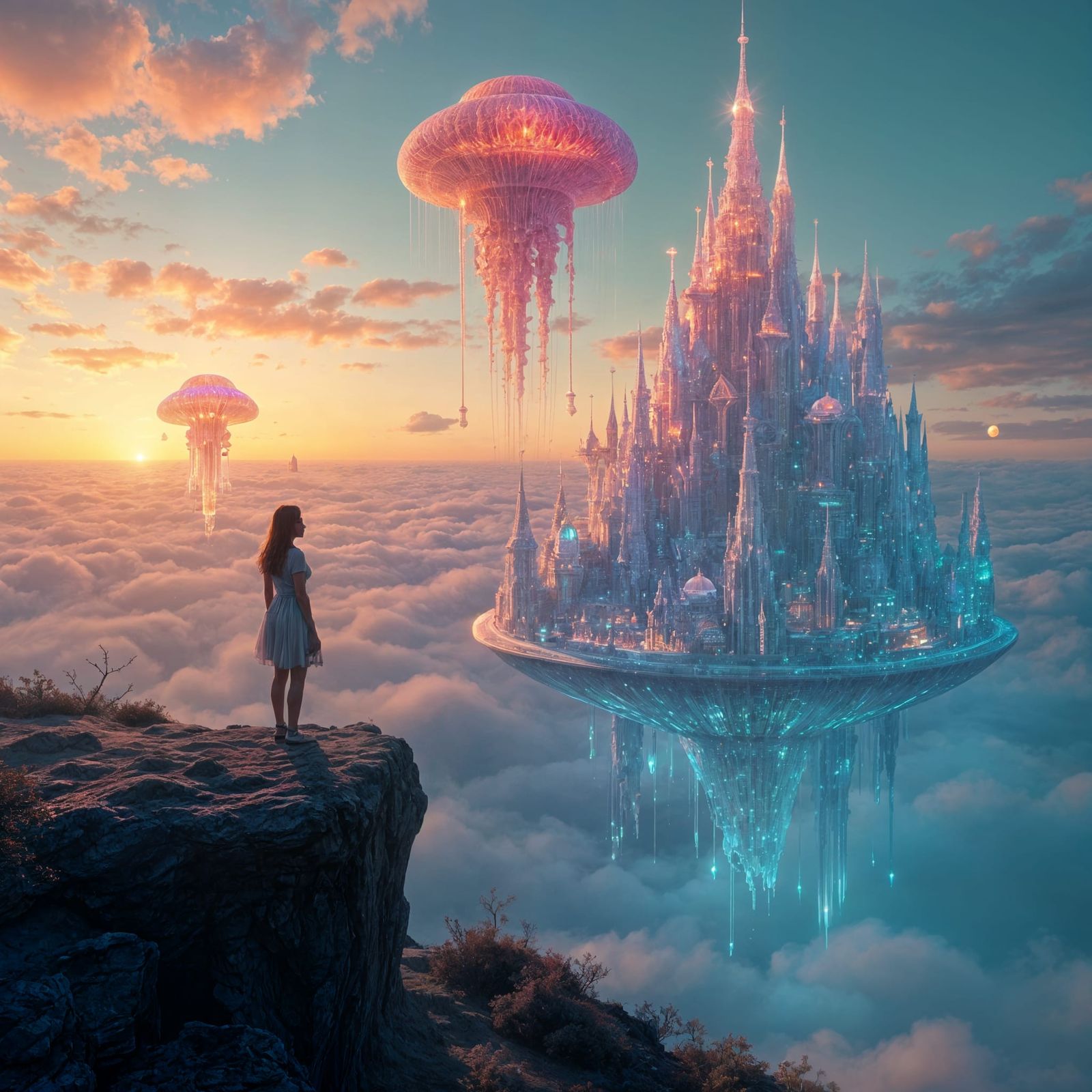 Surreal Crystal City Floating in Sky at Sunset