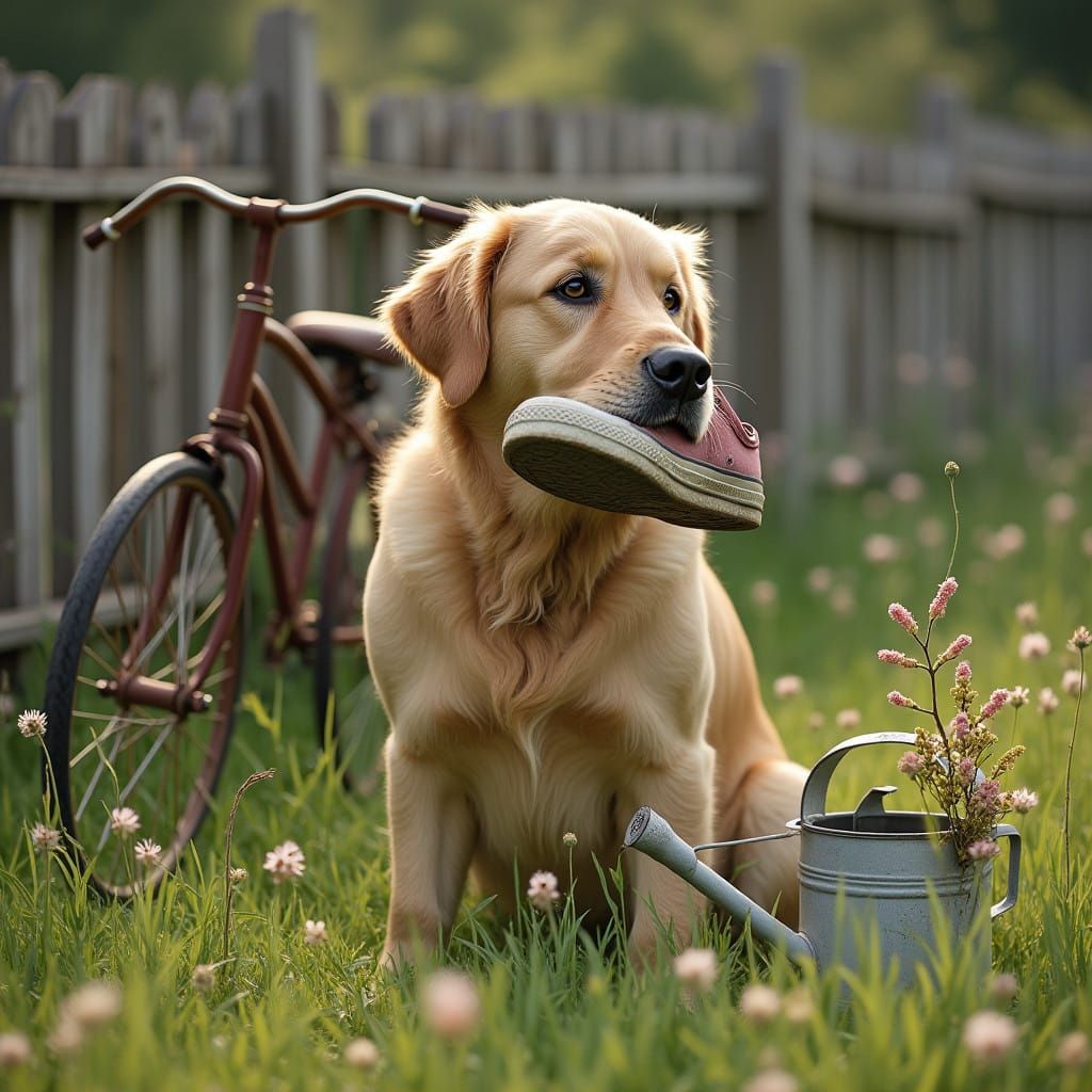 Golden Retriever in a Sun-Drenched Meadow with Vintage Keds....
