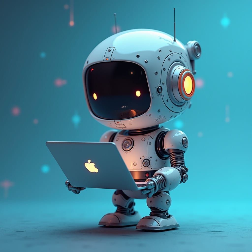 Futuristic Robot Holds MacBook in Detailed 3D Animation