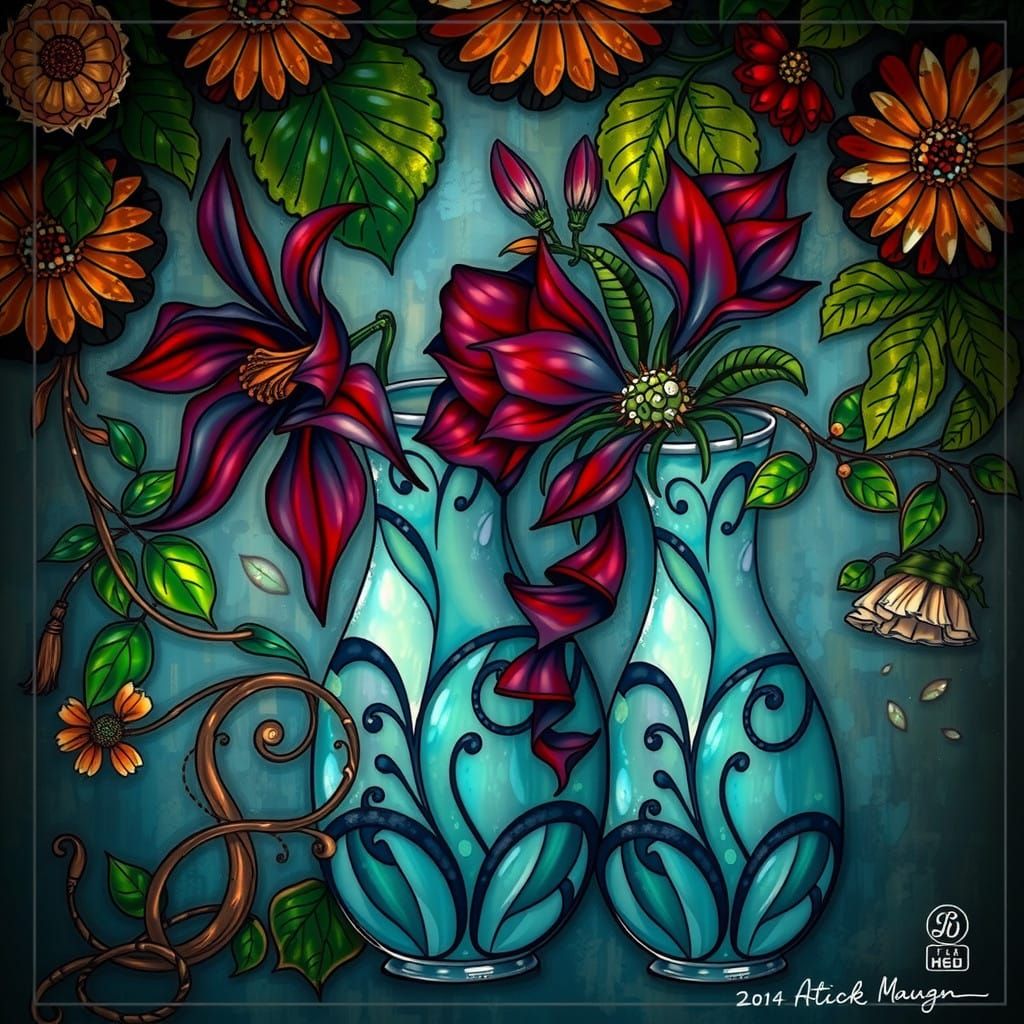 Dreamy Art Nouveau Floral Still Life with Curved Vases