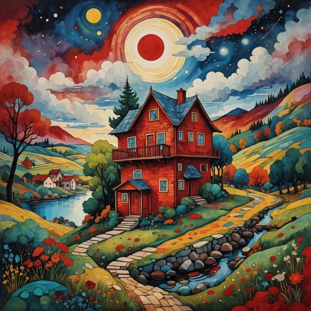 Red House in Kandinsky Style: Cosmic Illustration