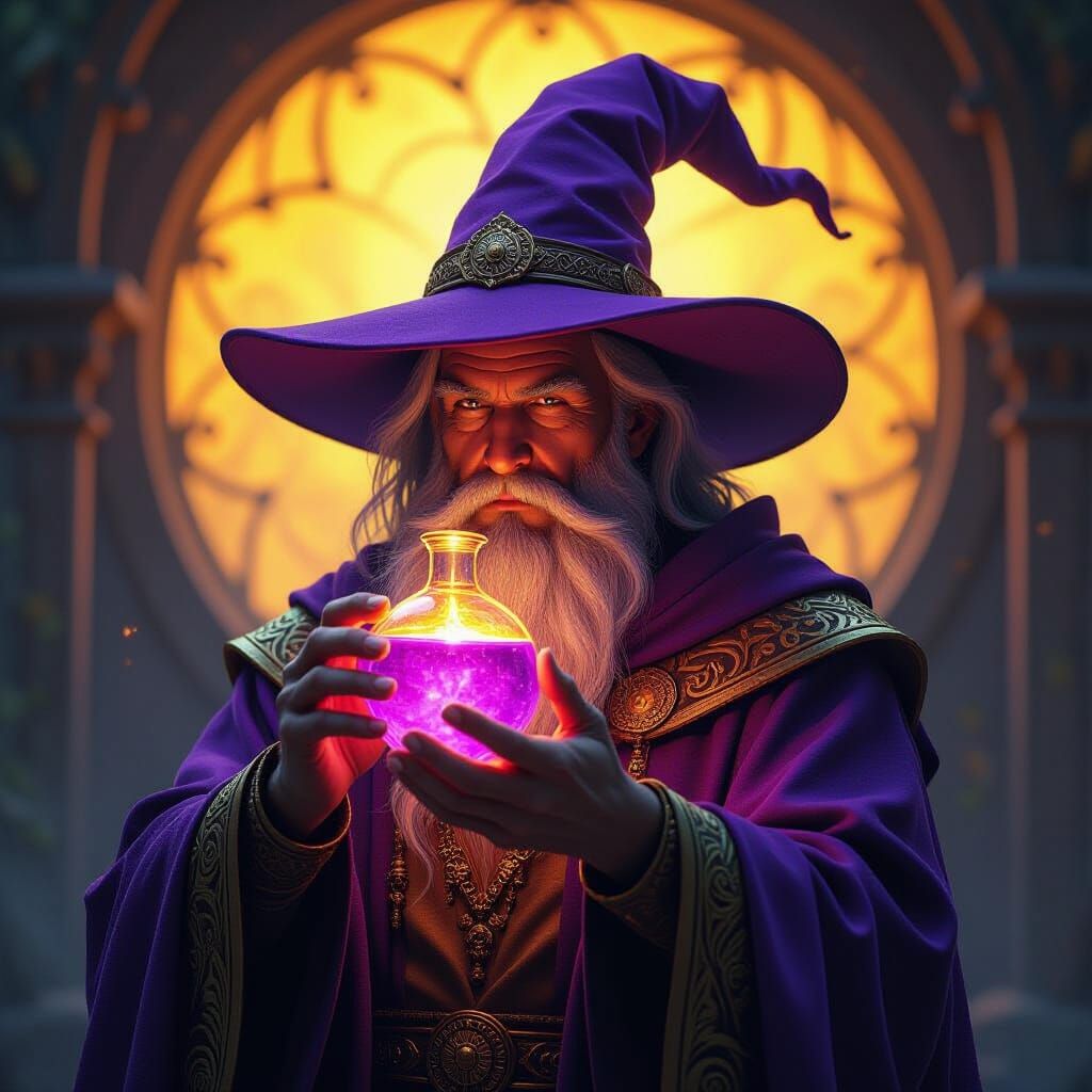 Wizard Drinks Luminous Mana Potion in Dark Fantasy Style