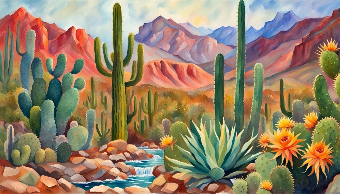 Mexican Landscape with Iguana in Gouache Style