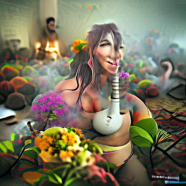 Hippie smoking hookah with flowers