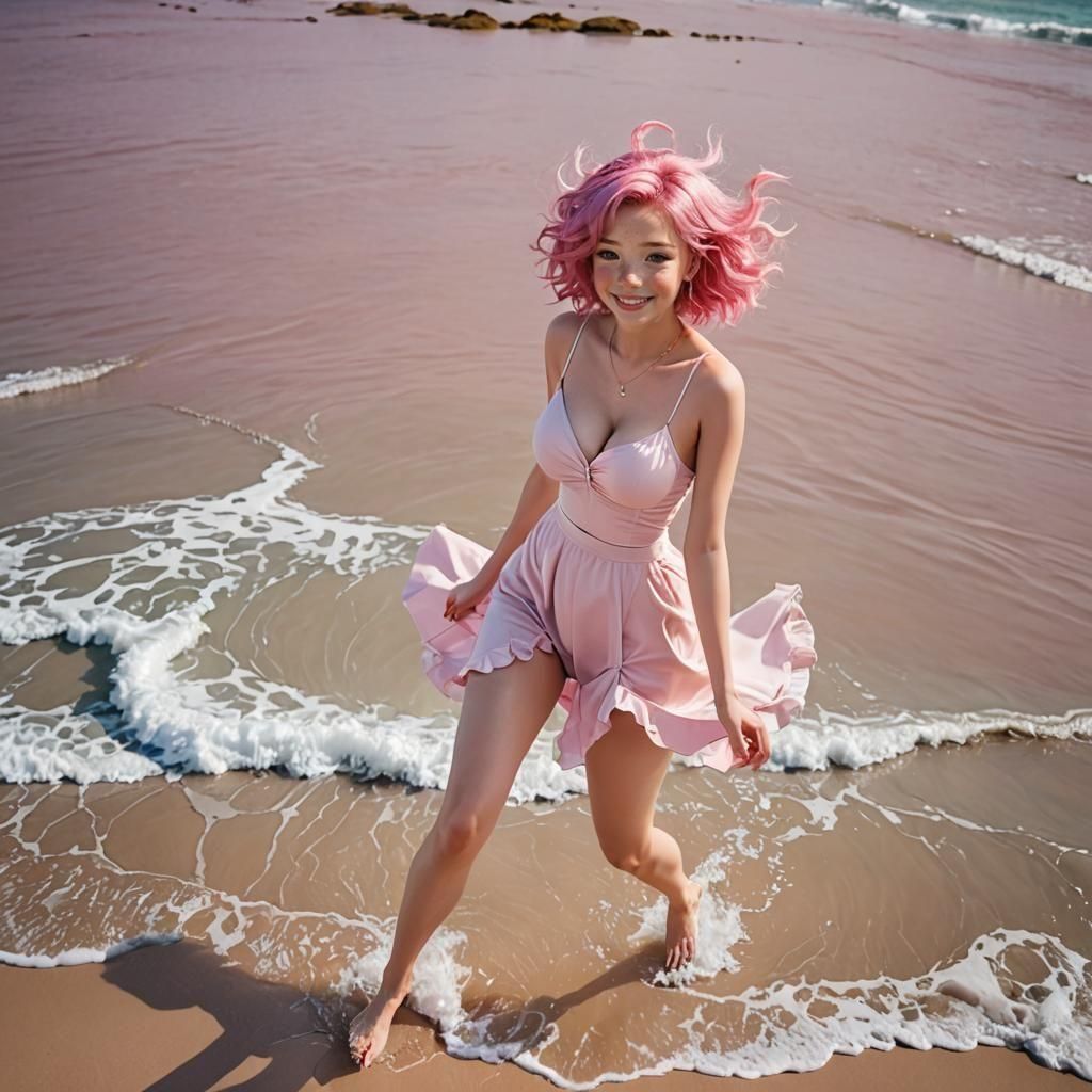 Pink-Haired Beauty on the Beach with Crashing Waves