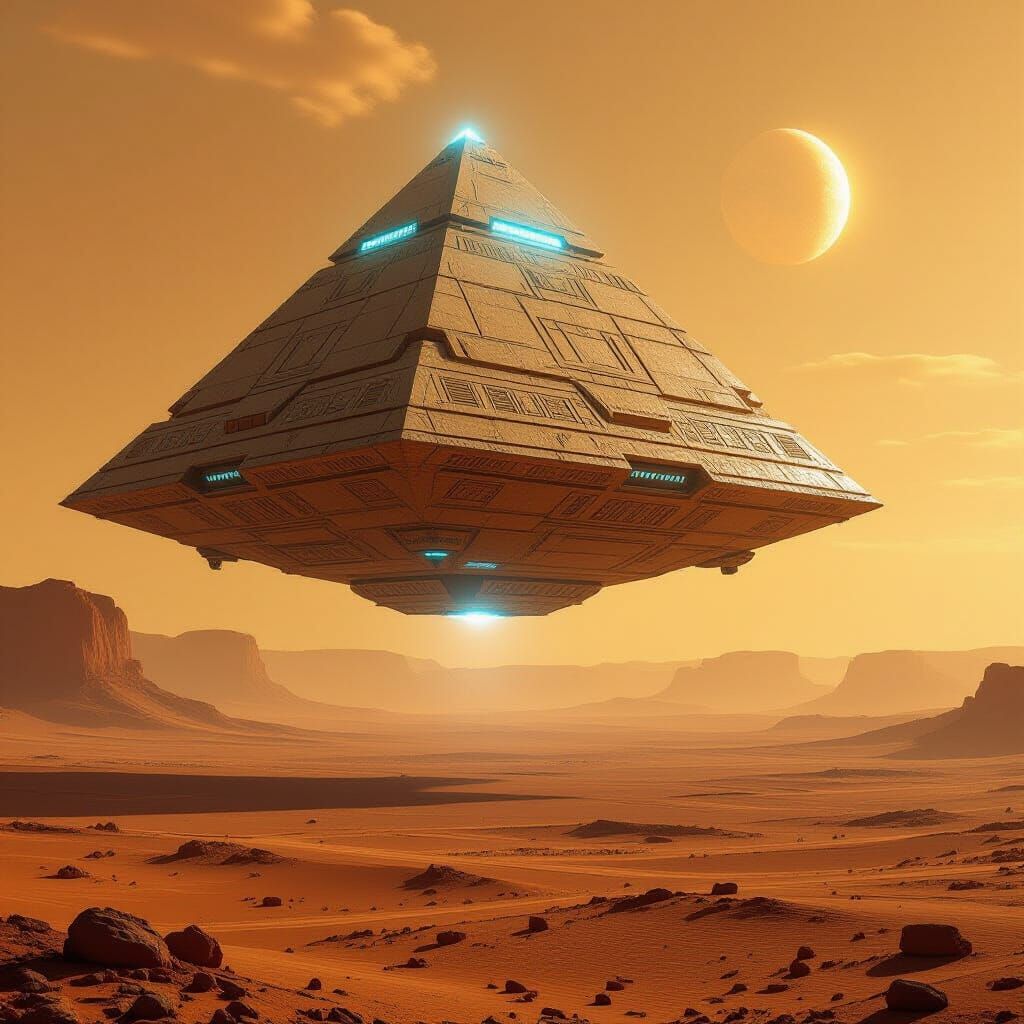 Ancient Egyptian Pyramid Spaceship Over Mars Landscape