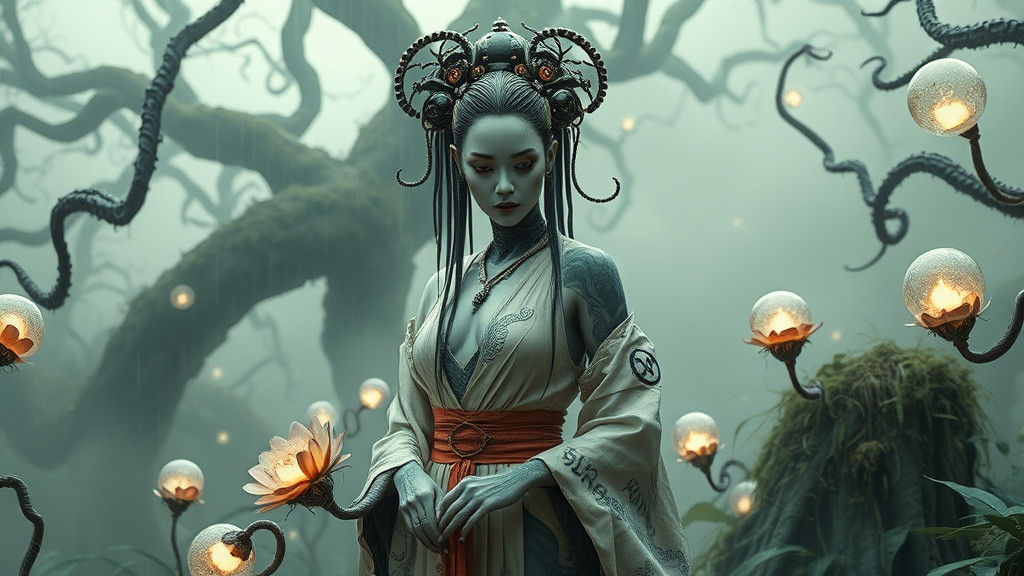 Alien Geisha in Cyberpunk Biomechanical Swamp
