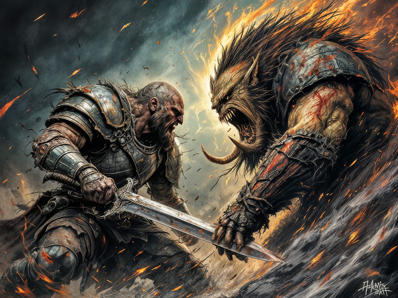 Orc and Human Engage in Brutal Sword Clash