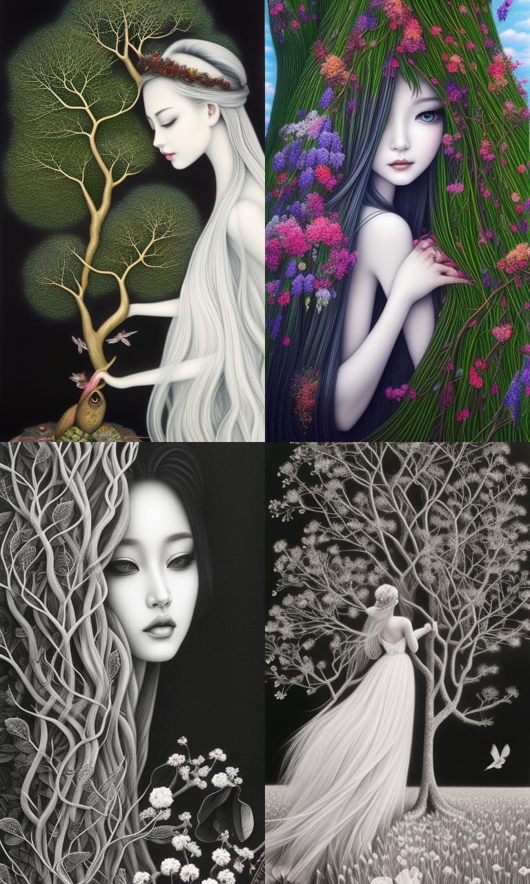 Girl Hugging Tree in Magic Realism Style