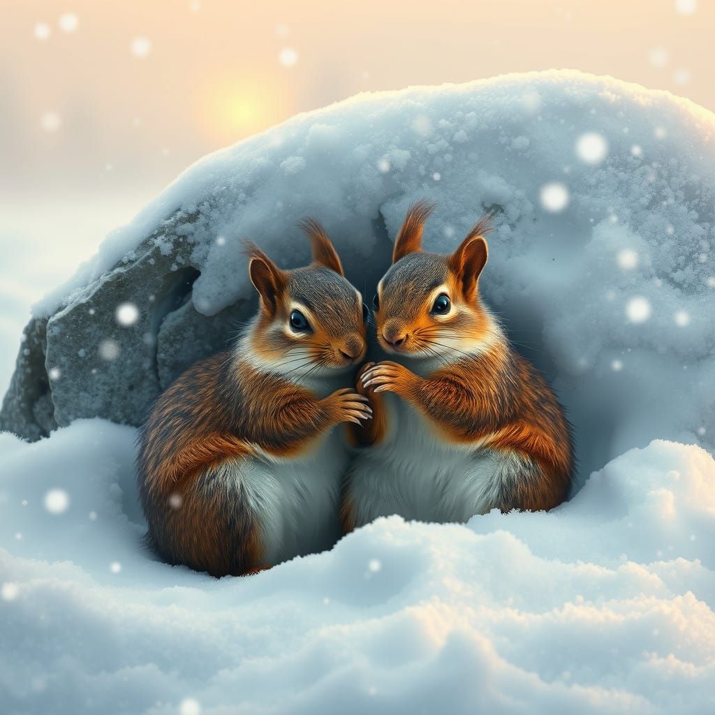 Winter Squirrels Cuddle Under Snowy Rock