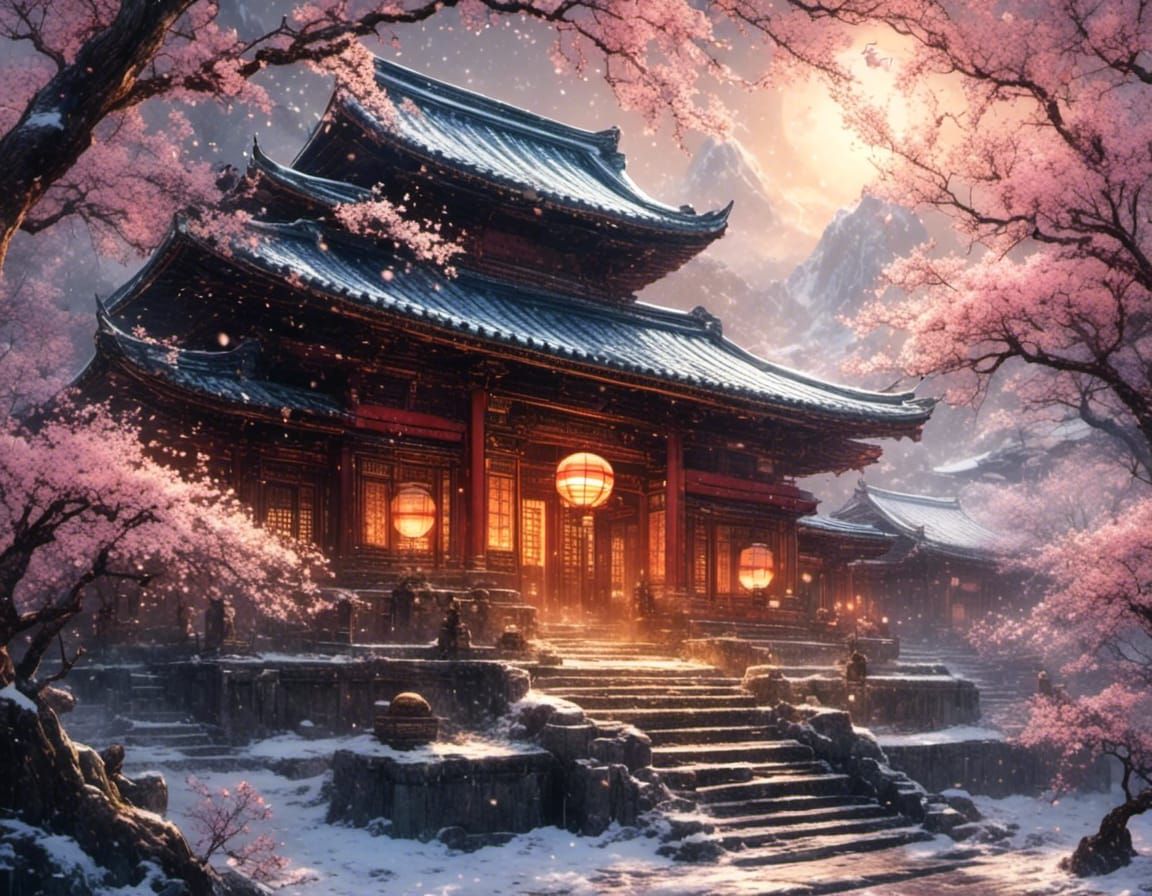 Japanese Temple in Snowstorm, Moebius Illustration