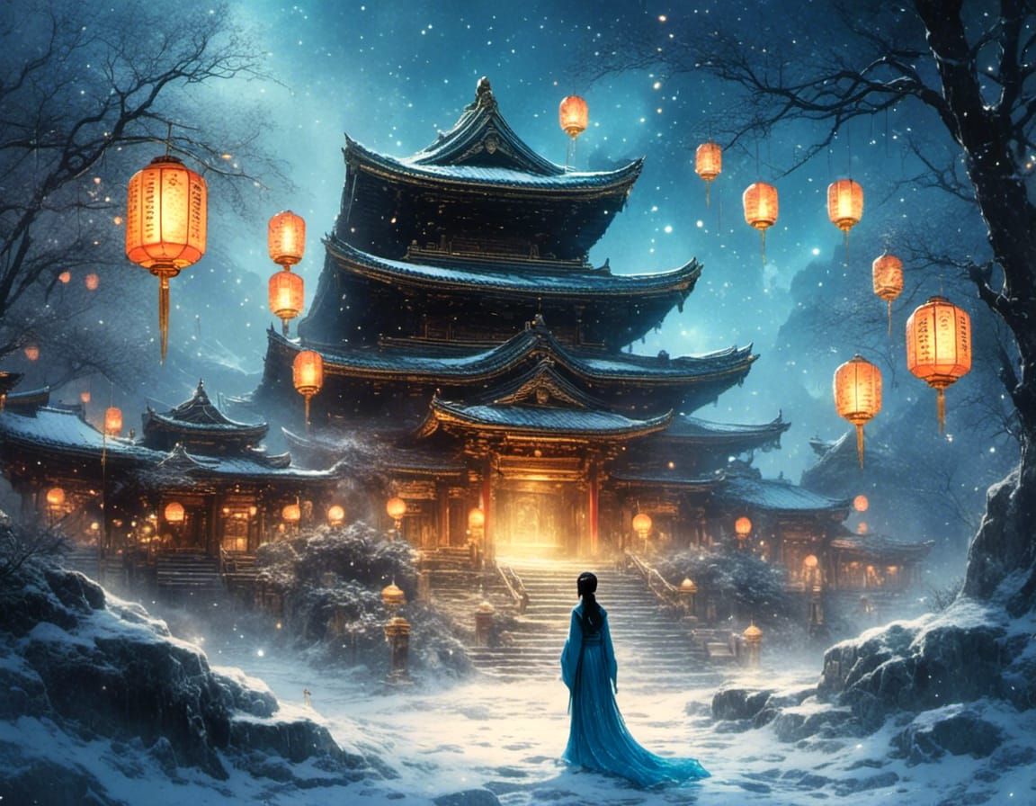 Japanese Temple Snowstorm in Moebius Style