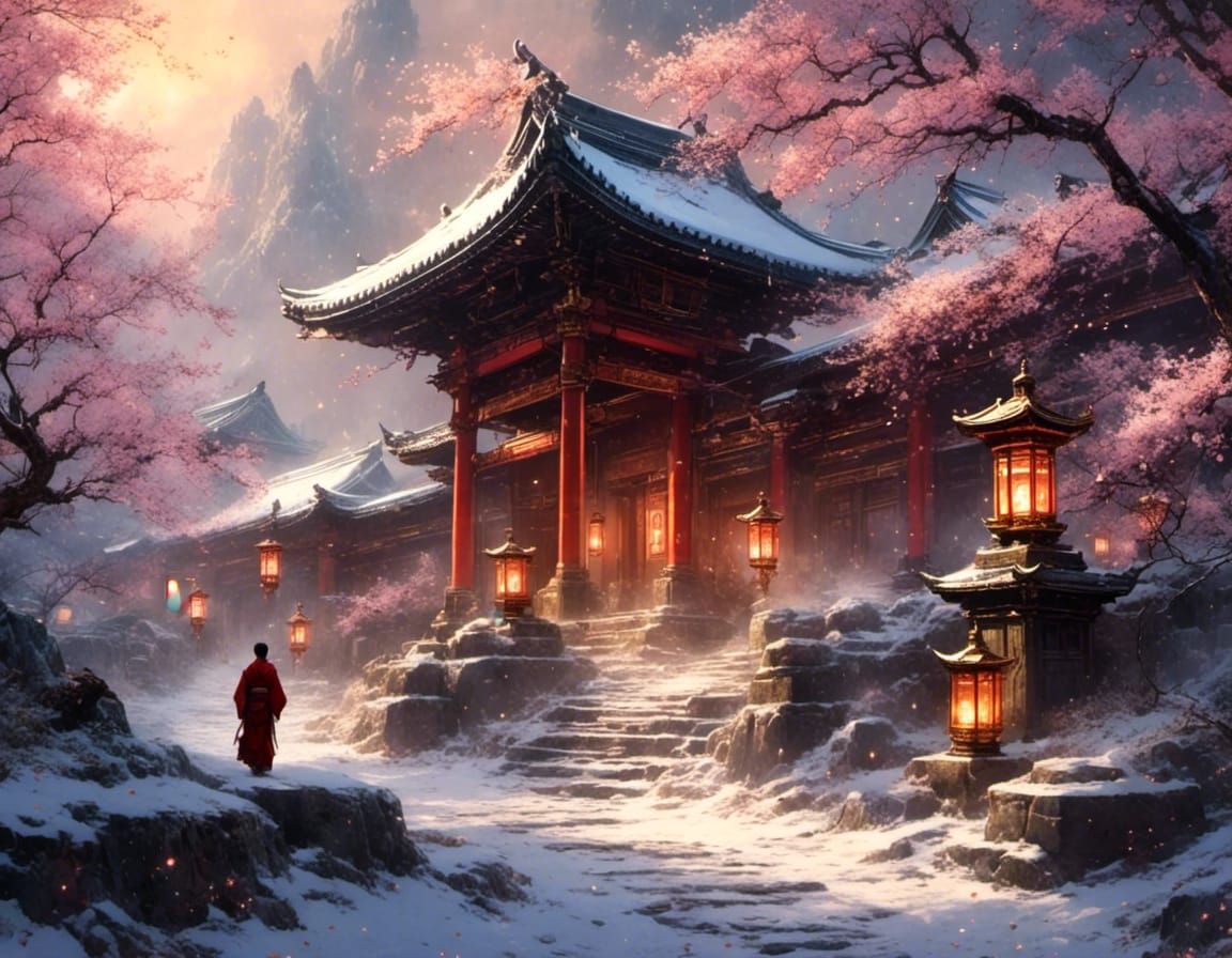 Moebius-Style Japanese Temple in Winter Snowstorm