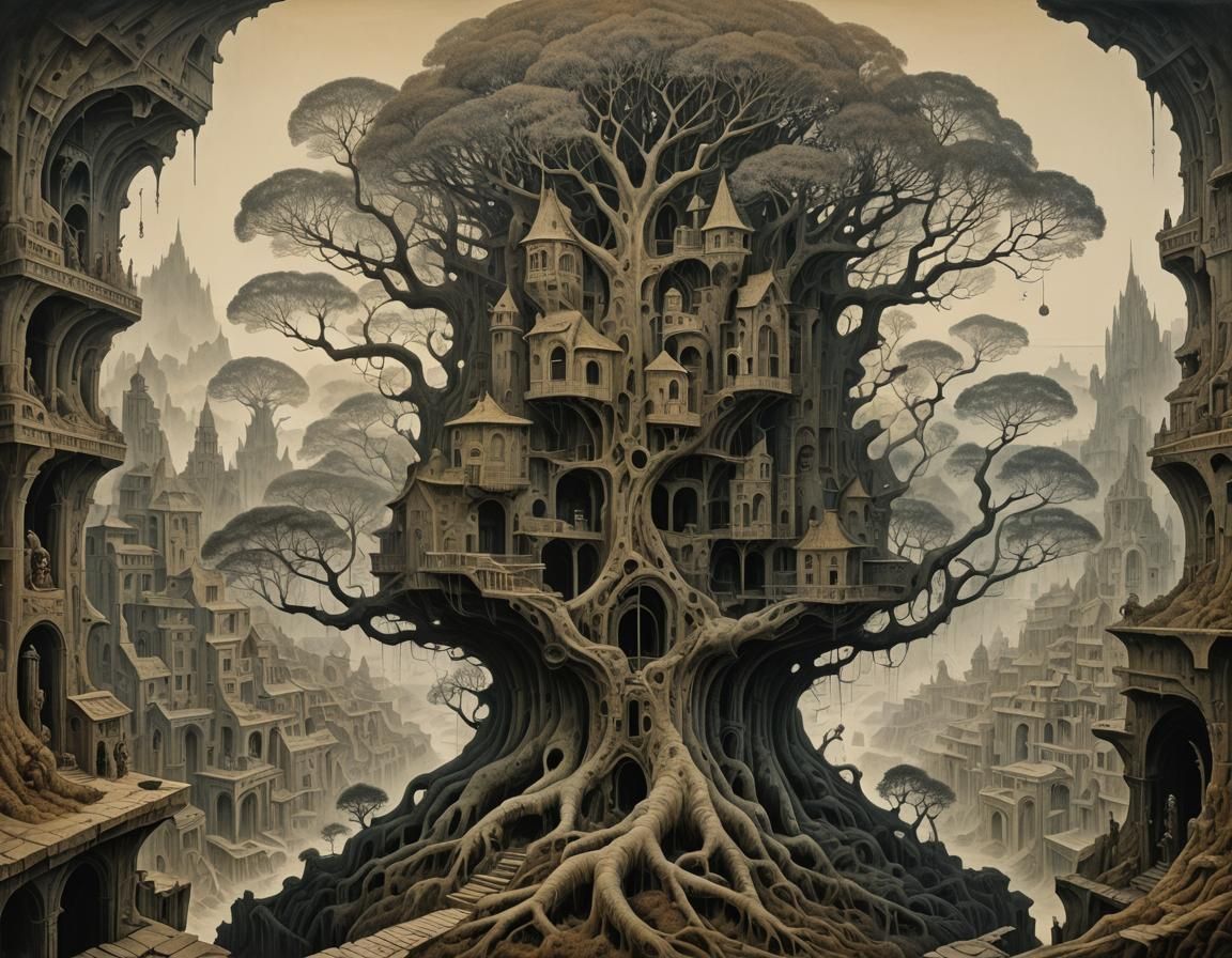 Surreal Tree Structure in Dreamlike Landscape