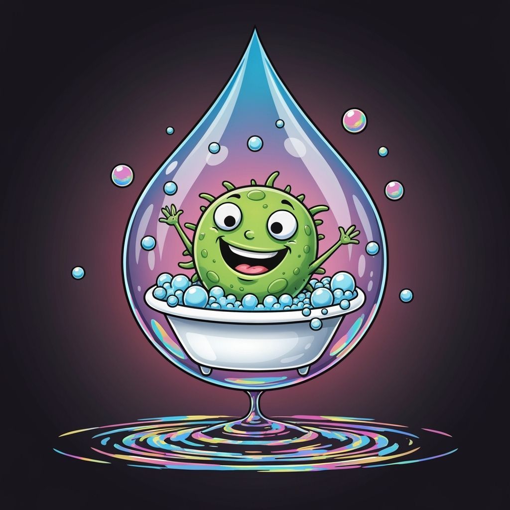 Germ Enjoying a Bubble Bath in Water Drop, Cartoon Style