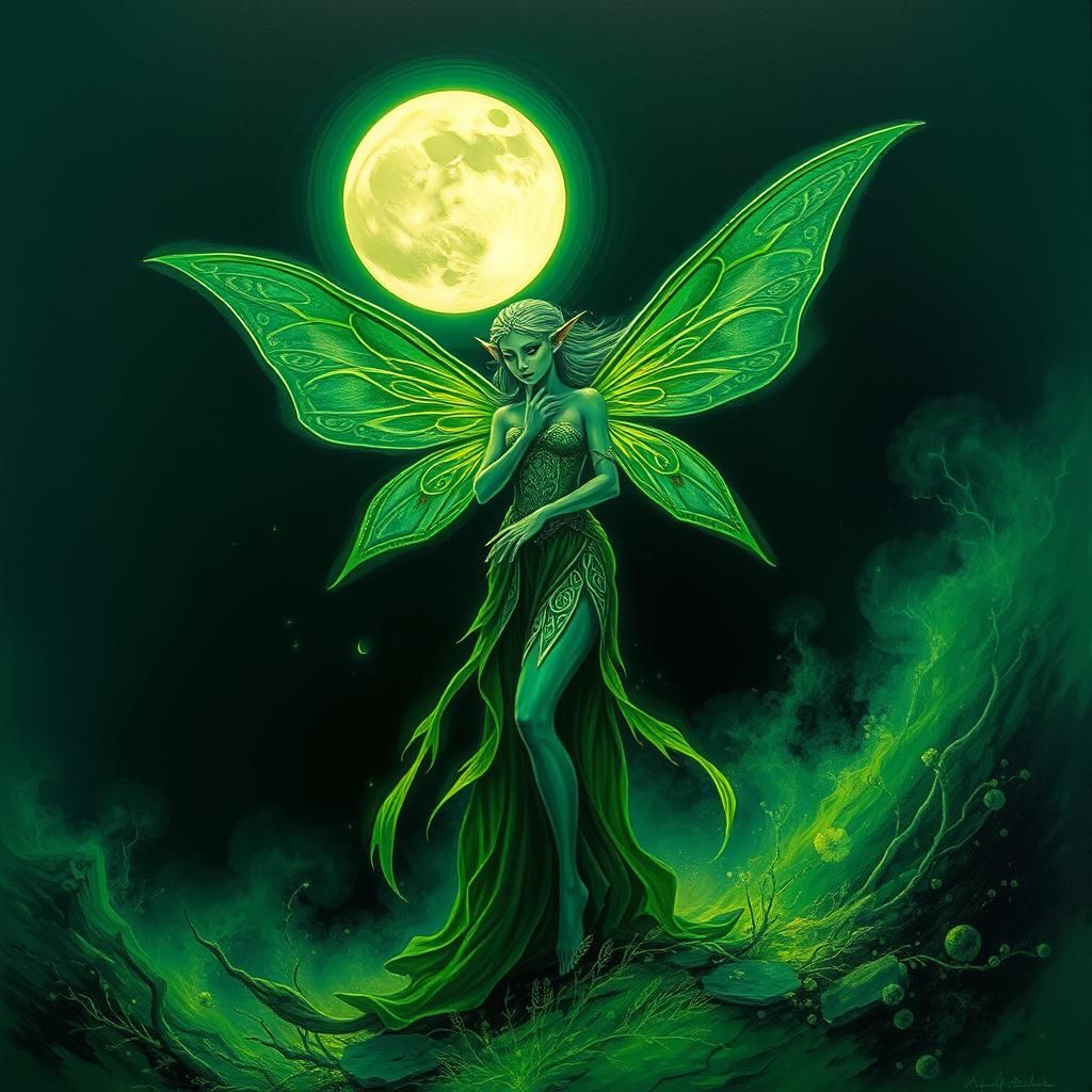 Ethereal Green Fairy Elf in Mystical Forest