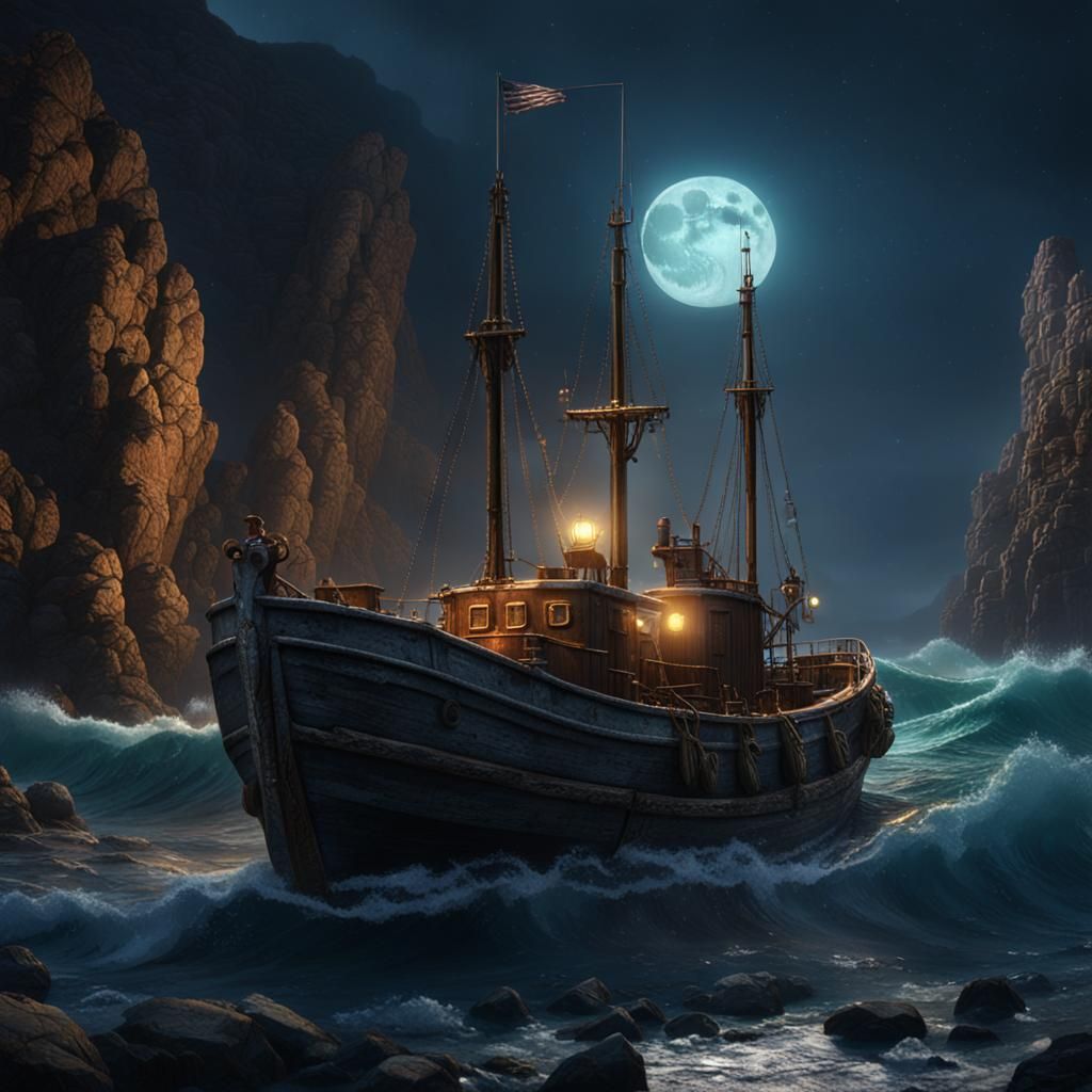 Moonlit Steam Boat on Calm Sea