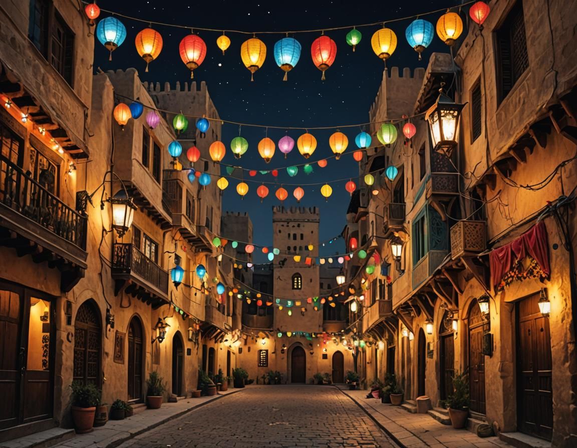 Festive Night Street Scene with Lanterns