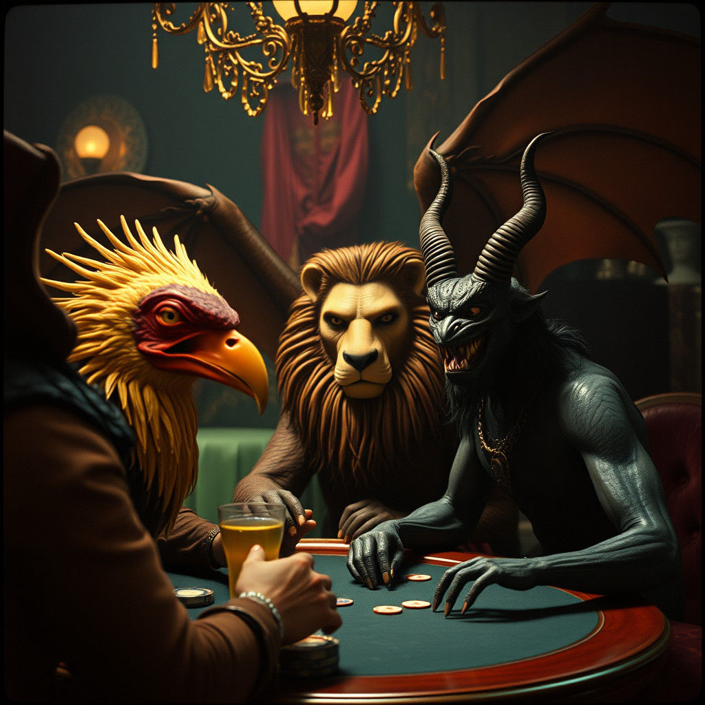 a huma bird, a manticore,  and a djinn playing poker