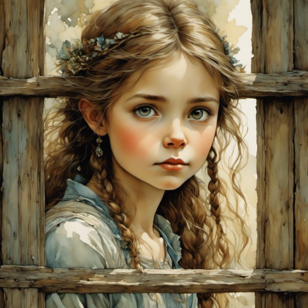 Alluring Woman with Giant Eyes Through Rustic Window