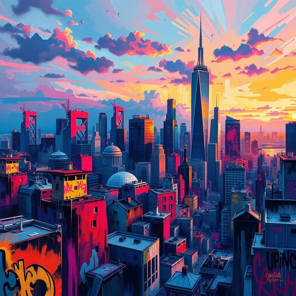 Surreal Futuristic Cityscape in Vibrant Graffiti Art Style