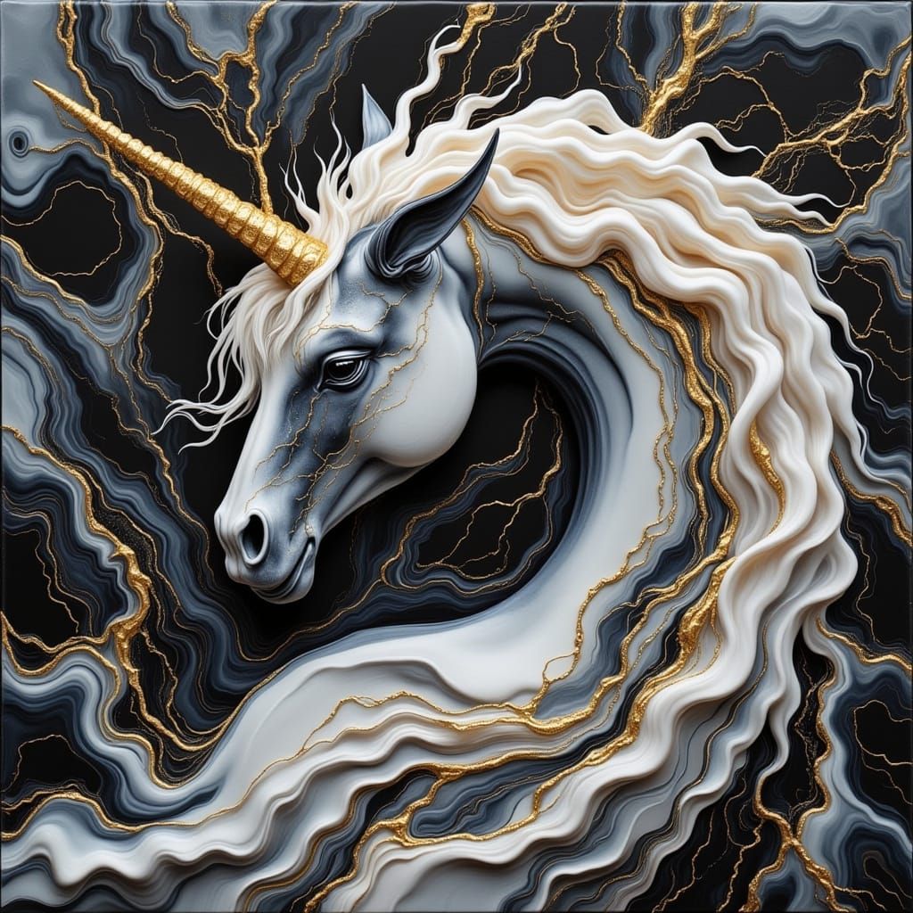 Surreal Marble Unicorn in a Cyberpunk World