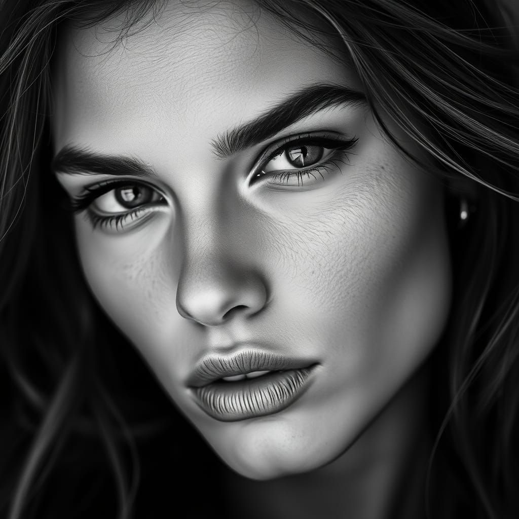 High-Contrast Supermodel Portrait in Black and White Fine Ar...