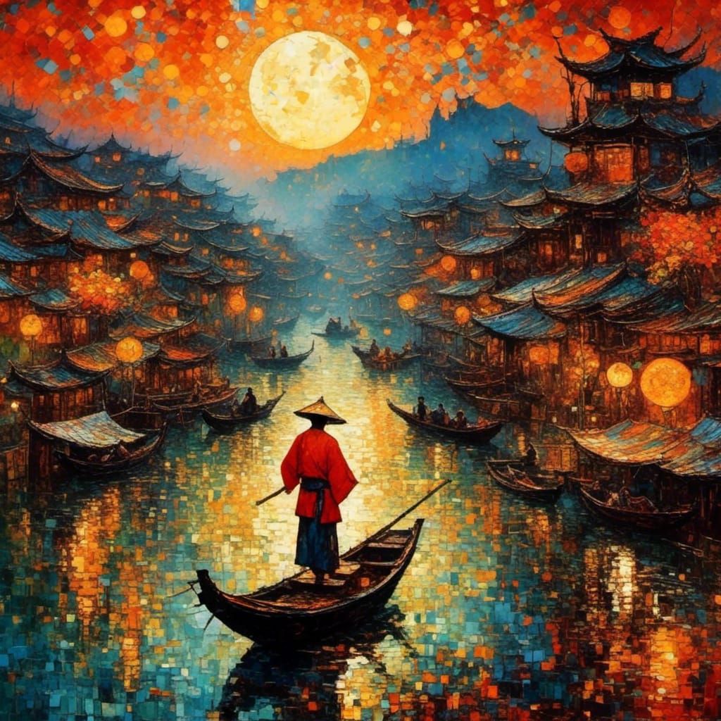 Guizhou Fisherman at Twilight Under Full Moon